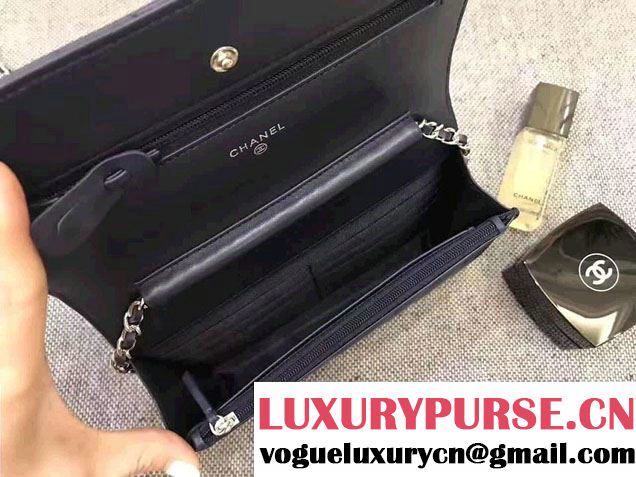 Chanel Chevron Wallet On Chain WOC Bag Navy Blue/Sliver