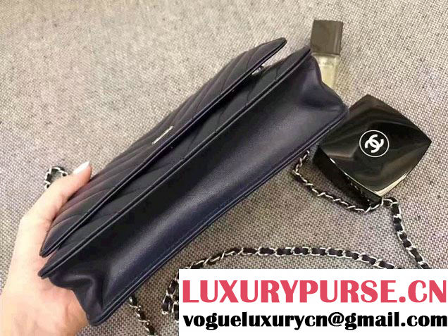 Chanel Chevron Wallet On Chain WOC Bag Navy Blue/Sliver