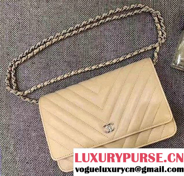 Chanel Chevron Wallet On Chain WOC Bag Beige/Sliver