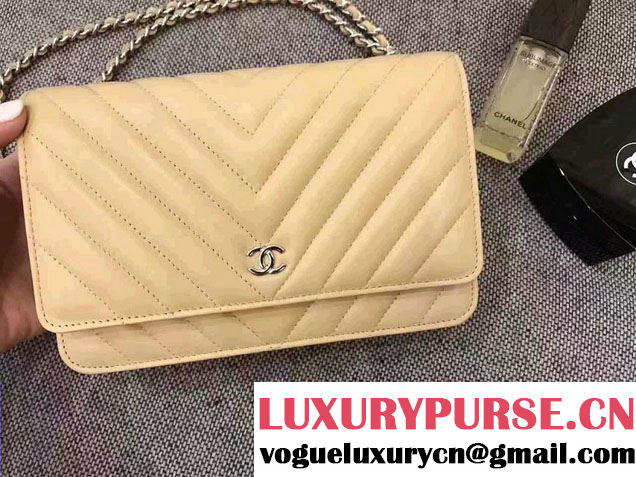 Chanel Chevron Wallet On Chain WOC Bag Beige/Sliver