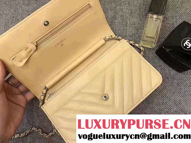 Chanel Chevron Wallet On Chain WOC Bag Beige/Sliver