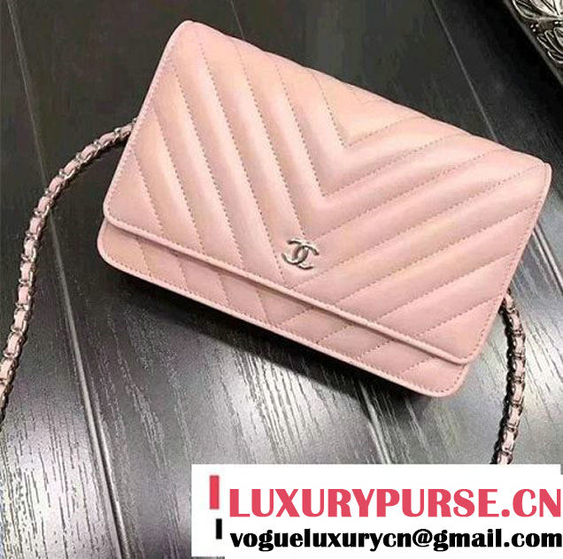 Chanel Chevron Wallet On Chain WOC Bag Pink/Sliver