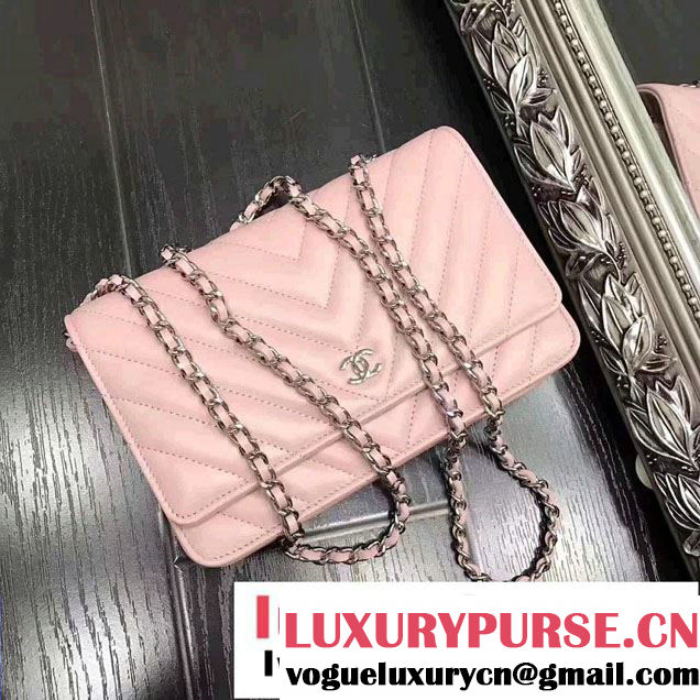 Chanel Chevron Wallet On Chain WOC Bag Pink/Sliver