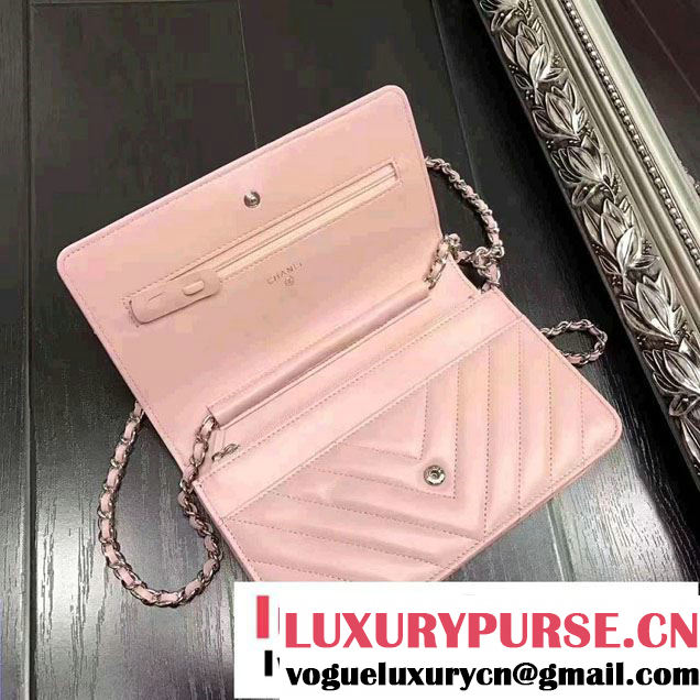 Chanel Chevron Wallet On Chain WOC Bag Pink/Sliver