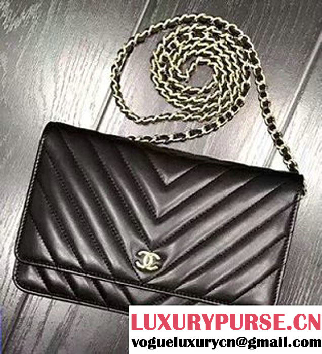 Chanel Chevron Wallet On Chain WOC Bag Black/Gold