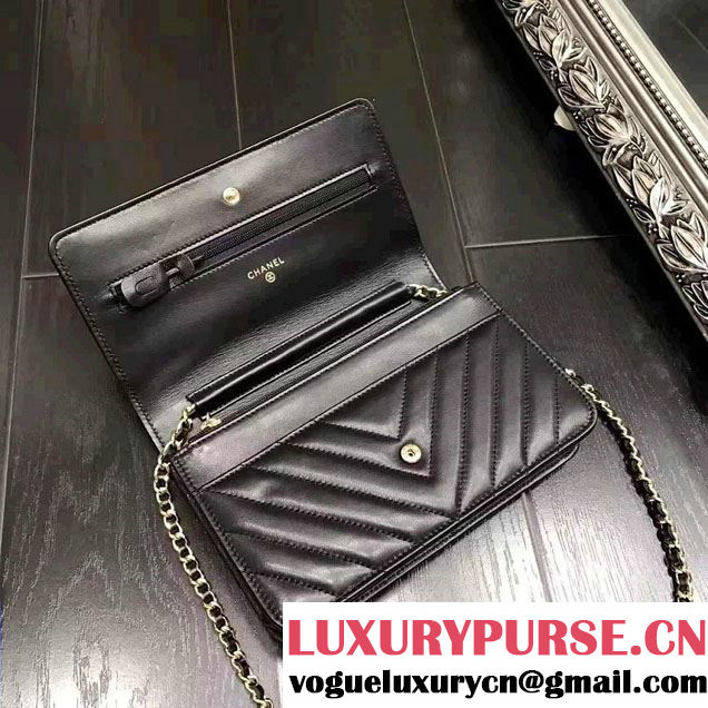 Chanel Chevron Wallet On Chain WOC Bag Black/Gold