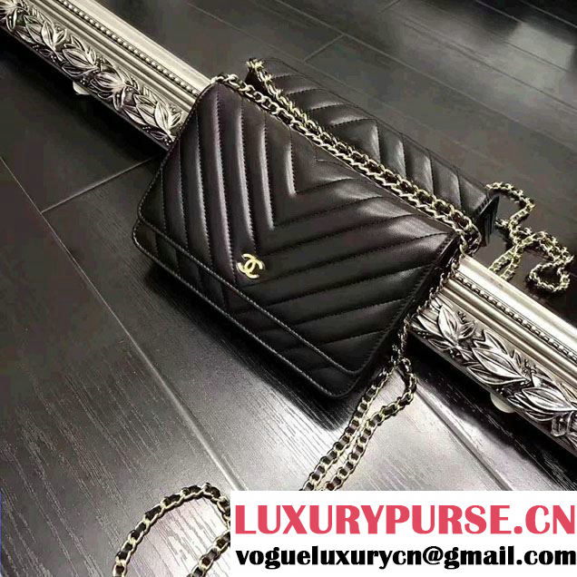 Chanel Chevron Wallet On Chain WOC Bag Black/Gold