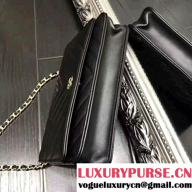 Chanel Chevron Wallet On Chain WOC Bag Black/Gold