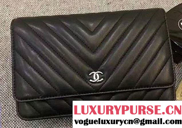 Chanel Chevron Wallet On Chain WOC Bag Black/Sliver