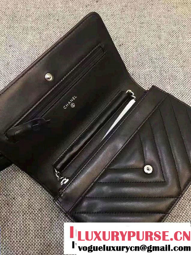 Chanel Chevron Wallet On Chain WOC Bag Black/Sliver