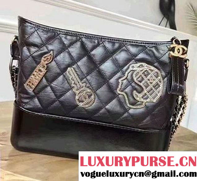 Chanel Gabrielle Metal Stud Embellished Medium Hobo Bag A93824 Black 2017