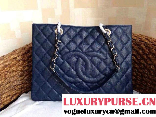 Chanel Caviar Leather GST Shopping Tote Bag Navy Blue