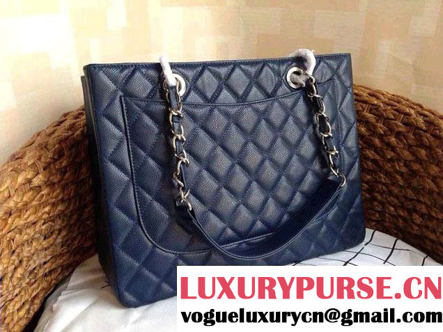 Chanel Caviar Leather GST Shopping Tote Bag Navy Blue