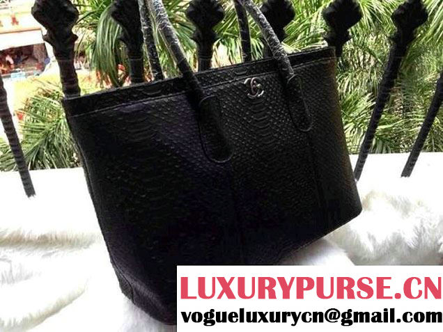 Chanel Calfskin Python Pattern Shopping Tote Bag Black Fall Winter 2014