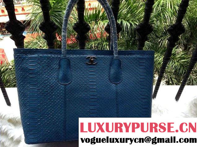 Chanel Calfskin Python Pattern Shopping Tote Bag Blue Fall Winter 2014