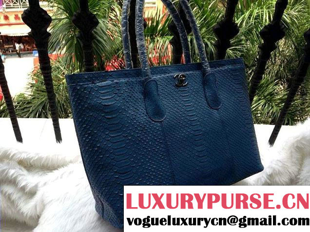 Chanel Calfskin Python Pattern Shopping Tote Bag Blue Fall Winter 2014