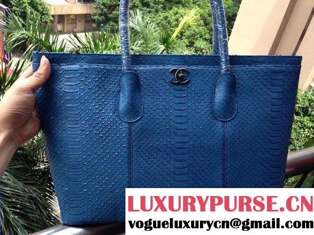 Chanel Calfskin Python Pattern Shopping Tote Bag Blue Fall Winter 2014