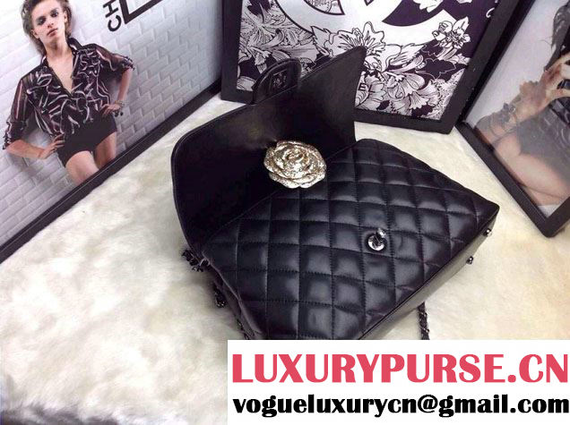 Chanel Lambskin Leather Tote Flap Shoulder Bag Black 2014