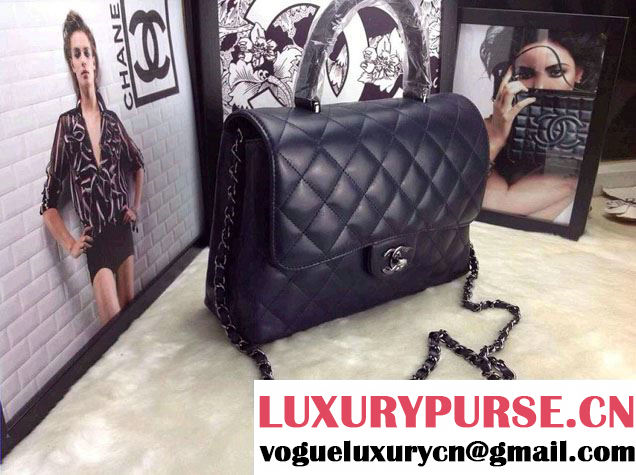 Chanel Lambskin Leather Tote Flap Shoulder Bag Dark Blue 2014