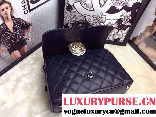 Chanel Lambskin Leather Tote Flap Shoulder Bag Dark Blue 2014