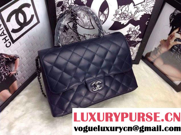 Chanel Lambskin Leather Tote Flap Shoulder Bag Dark Blue 2014