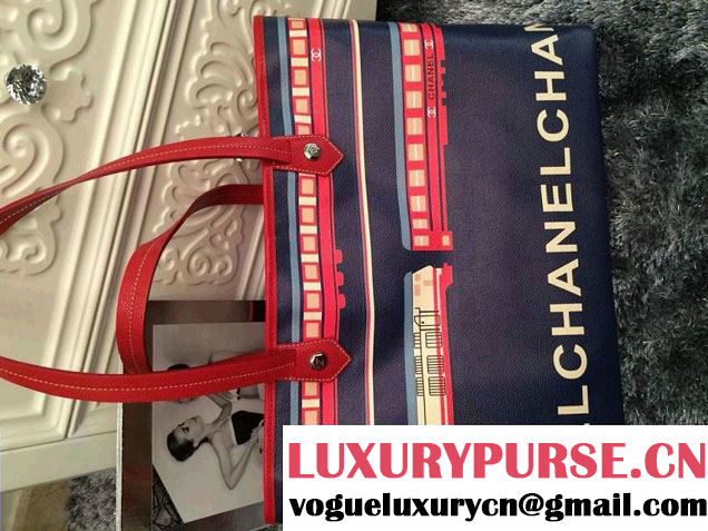Chanel Coated Canvas Le Train Shopping Tote Bag Blue 2015
