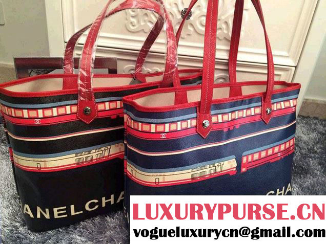 Chanel Coated Canvas Le Train Shopping Tote Bag Blue 2015
