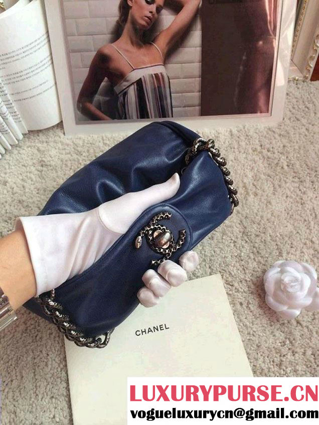 Chanel Clutch Tote Bag Blue with Embellished Hardware 2015