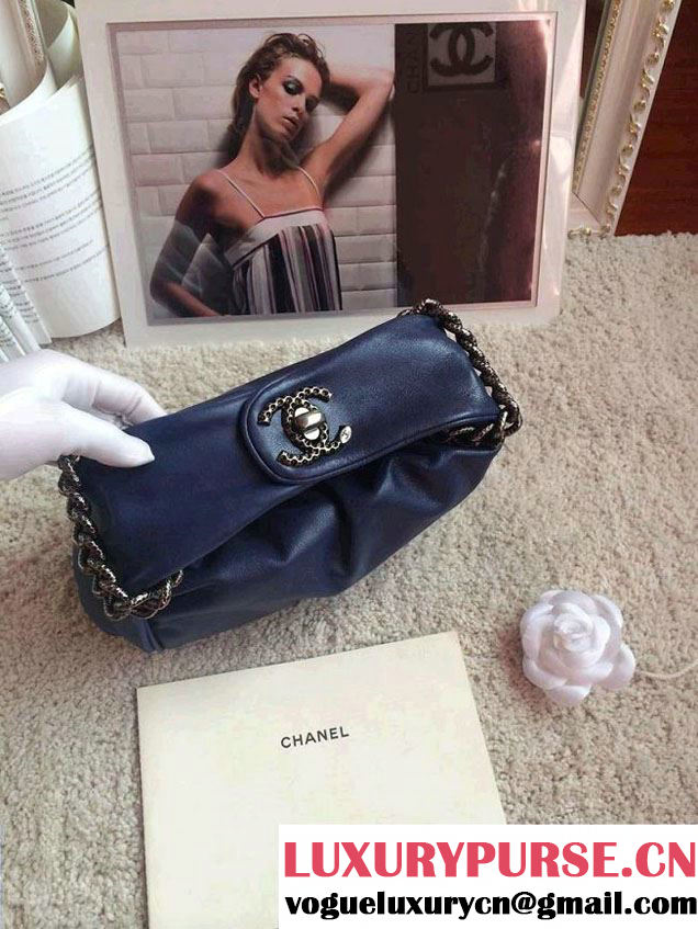 Chanel Clutch Tote Bag Blue with Embellished Hardware 2015