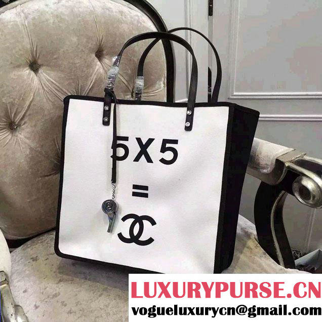 Chanel Small Black/White Canvas Shopping Tote Bag with Whistle 2015