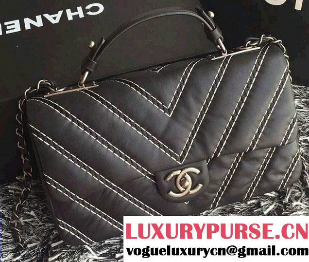 Chanel Leather Chevron Stitch Flap Shoulder Tote Bag Black 2015/2016