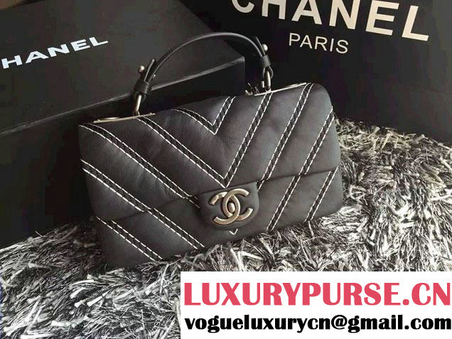Chanel Leather Chevron Stitch Flap Shoulder Tote Bag Black 2015/2016