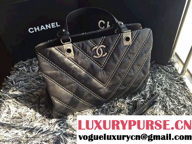 Chanel Leather Chevron Stitch Shoulder Tote Bag Black 2015/2016