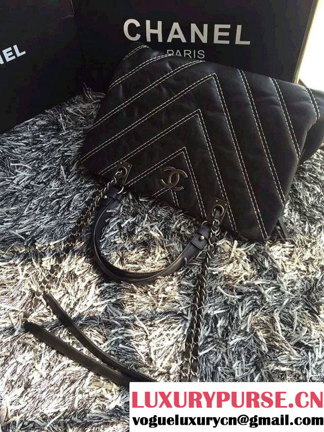 Chanel Leather Chevron Stitch Shoulder Tote Bag Black 2015/2016