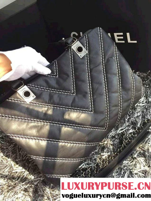 Chanel Leather Chevron Stitch Shoulder Tote Bag Black 2015/2016