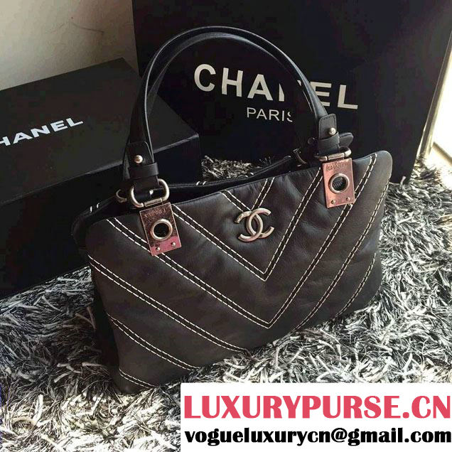 Chanel Leather Chevron Stitch Shoulder Tote Bag Black 2015/2016