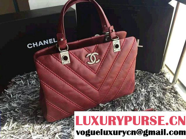 Chanel Leather Chevron Stitch Shoulder Tote Bag Burgundy 2015/2016