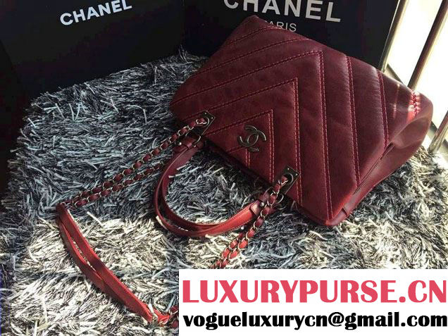 Chanel Leather Chevron Stitch Shoulder Tote Bag Burgundy 2015/2016