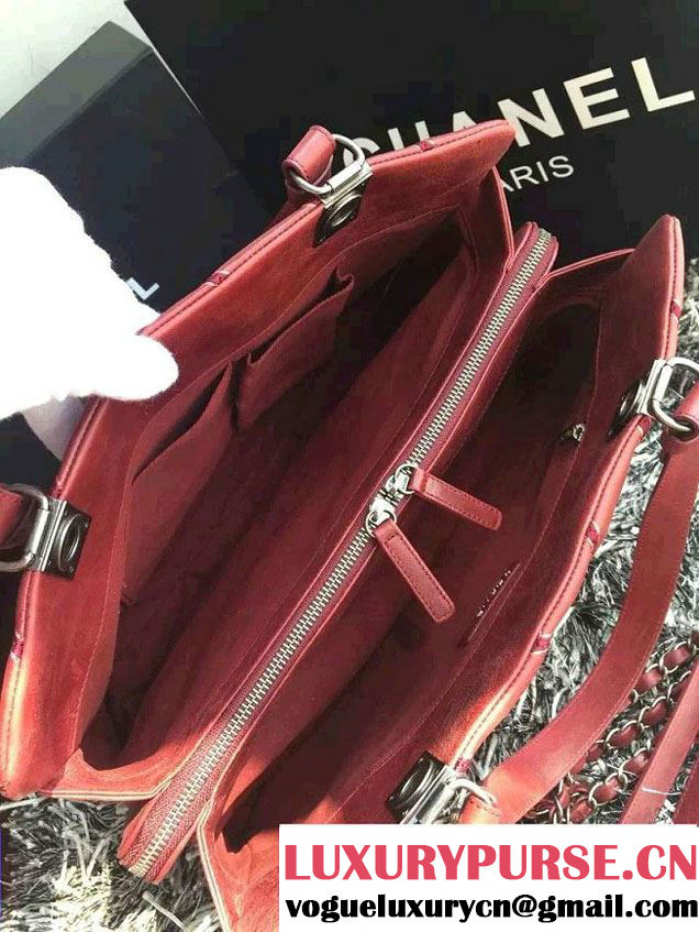 Chanel Leather Chevron Stitch Shoulder Tote Bag Burgundy 2015/2016
