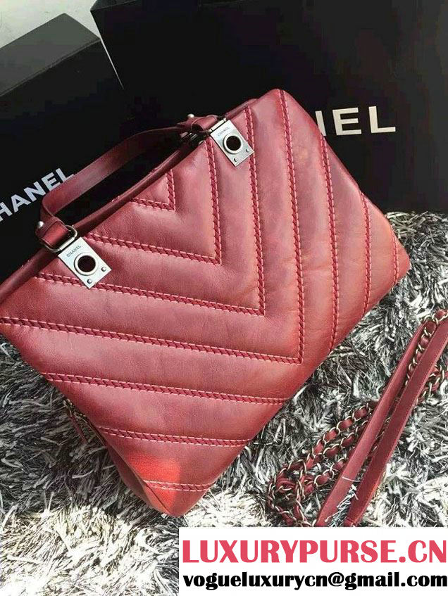 Chanel Leather Chevron Stitch Shoulder Tote Bag Burgundy 2015/2016