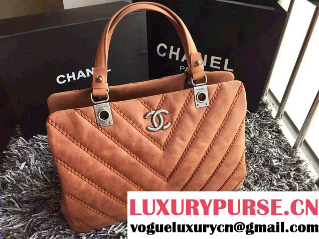 Chanel Leather Chevron Stitch Shoulder Tote Bag Apricot 2015/2016