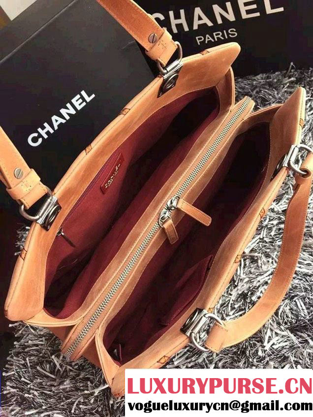 Chanel Leather Chevron Stitch Shoulder Tote Bag Apricot 2015/2016