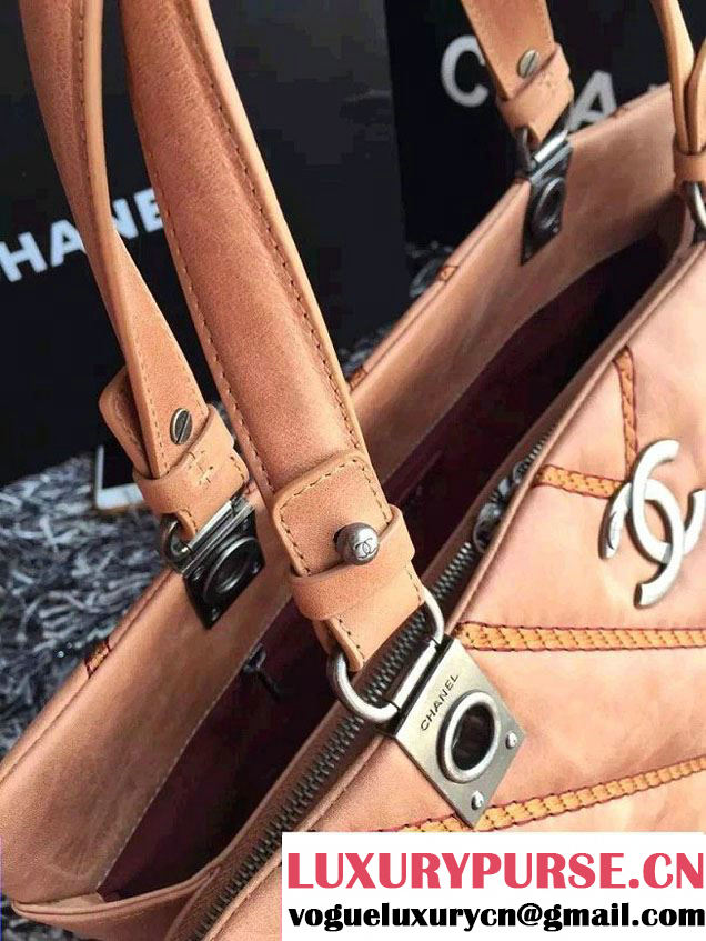 Chanel Leather Chevron Stitch Shoulder Tote Bag Apricot 2015/2016