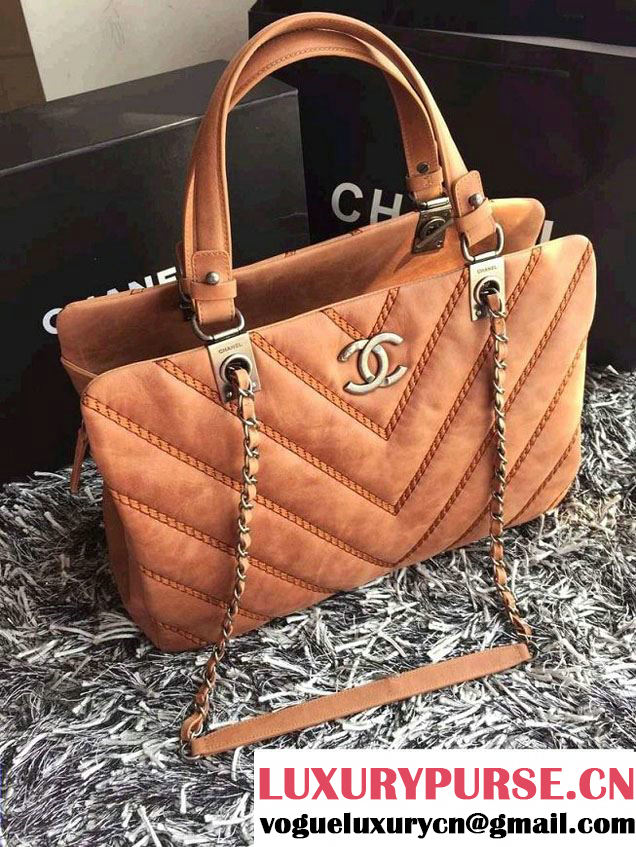 Chanel Leather Chevron Stitch Shoulder Tote Bag Apricot 2015/2016
