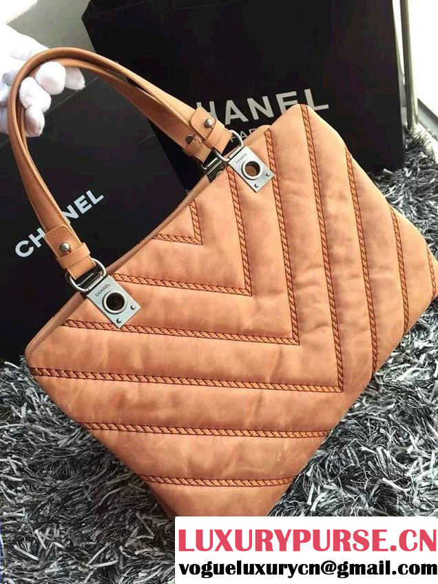 Chanel Leather Chevron Stitch Shoulder Tote Bag Apricot 2015/2016