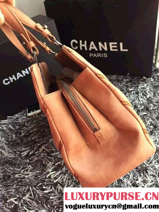 Chanel Leather Chevron Stitch Shoulder Tote Bag Apricot 2015/2016