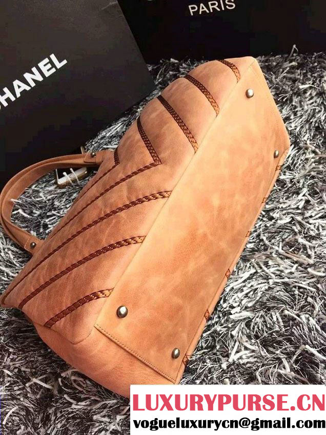 Chanel Leather Chevron Stitch Shoulder Tote Bag Apricot 2015/2016