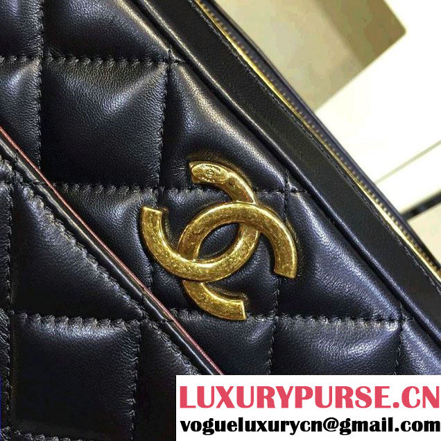 Chanel Lambskin Bowling Bag A92238 Black/Gold Embellished With A Chanel Metallic Plate 2015