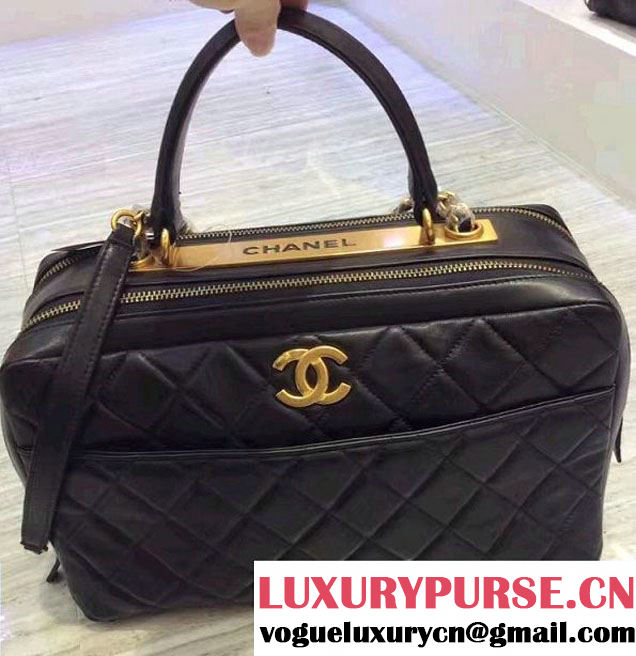 Chanel Lambskin Bowling Bag A92239 Black/Gold Embellished With A Chanel Metallic Plate 2015