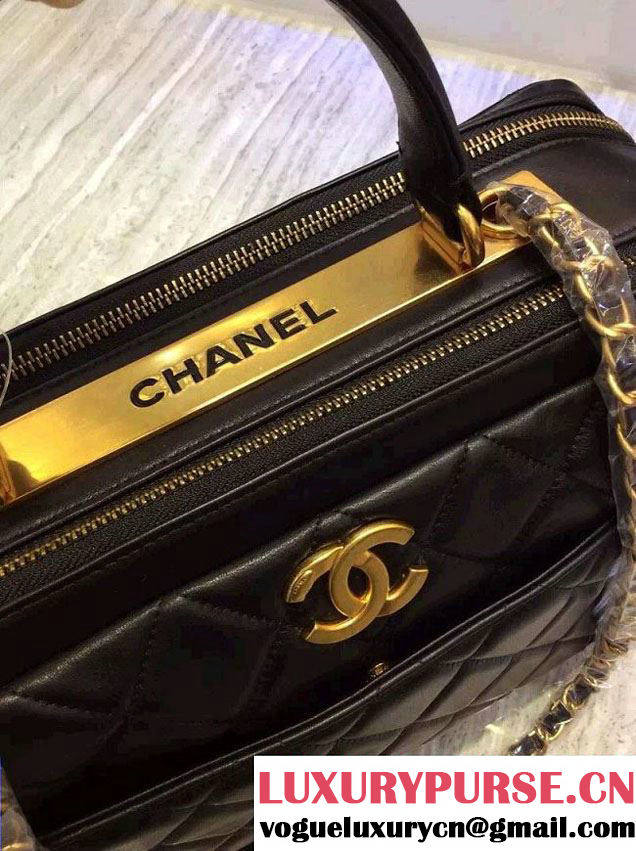 Chanel Lambskin Bowling Bag A92239 Black/Gold Embellished With A Chanel Metallic Plate 2015